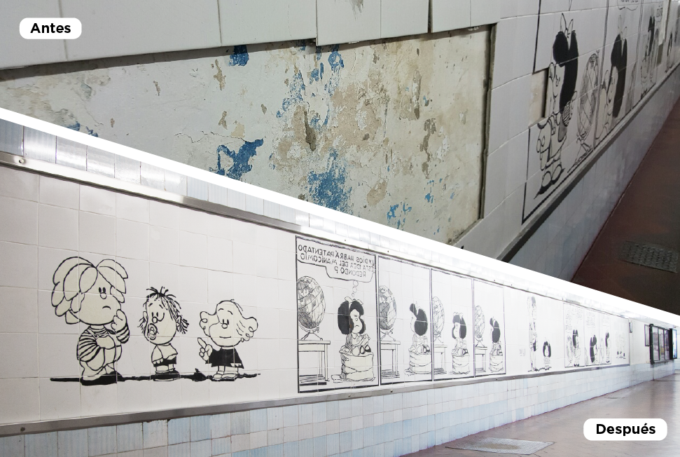 Antes y después. Restauracioìn mural Mafalda